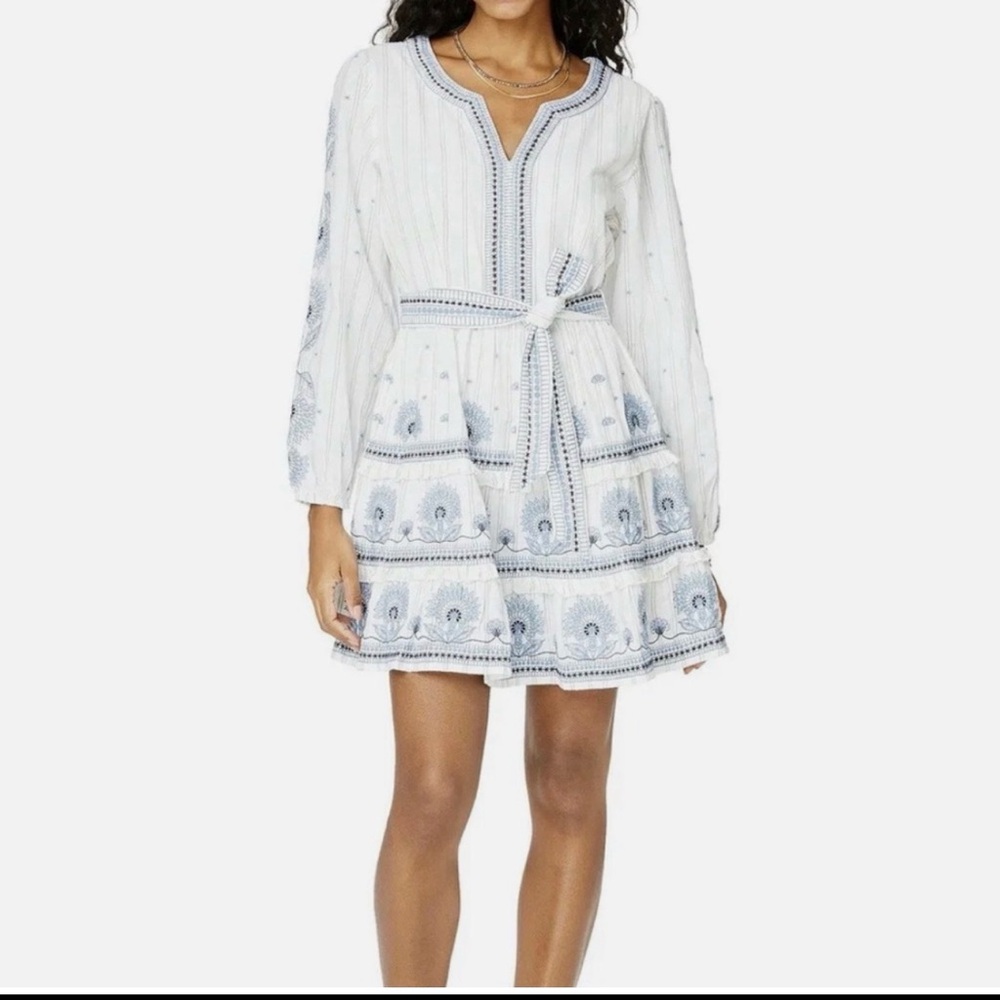 Roller Rabbit White Mini Dress with Light Blue Embroidery